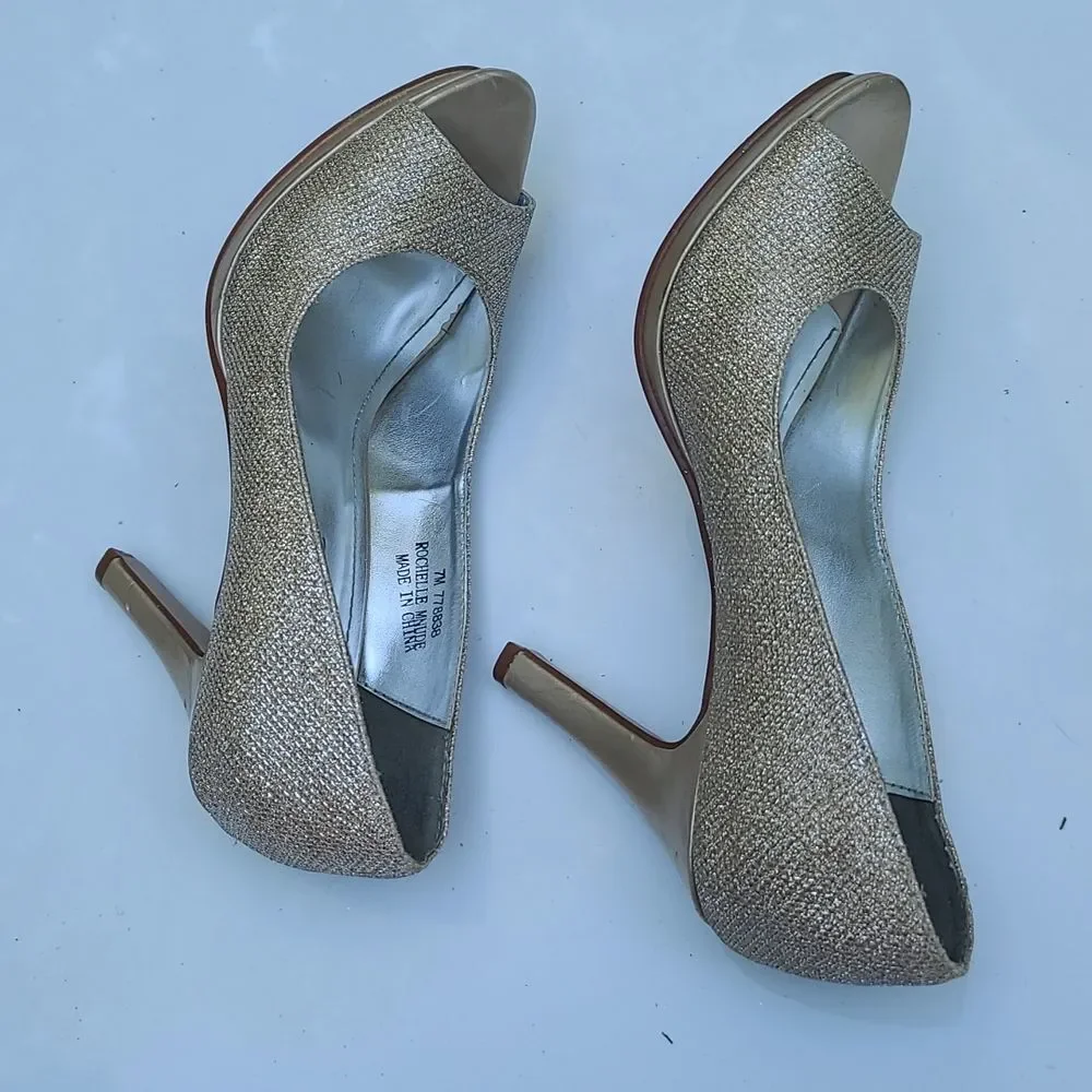 David's Bridal Gold Shimmering Open Toe Heels